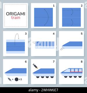 Origami-Tutorial für Kinder. Origami süßer Zug. Stock Vektor