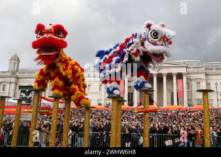 London, Großbritannien. Februar 2024. Chen Brothers in Kostümen führen den Löwen- und Drachentanz während der chinesischen Neujahrsfeier am Trafalgar Square im Zentrum von London auf. Tausende von Menschen versammelten sich auf dem Trafalgar Square, um das Jahr des Drachen oder das chinesische Neujahr zu feiern. (Foto: Steve Taylor/SOPA Images/SIPA USA) Credit: SIPA USA/Alamy Live News Stockfoto