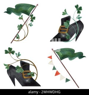 Satz von Illustrationen für St.. Patrick's Day. Kompositionen für Postkarten und irische Weihnachtsdekorationen. Isolierte Aquarellillustration auf weißem Hintergrund Stockfoto