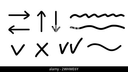 Satz handgezeichneter Elemente. Pfeile, Linien, Häkchen isoliert auf weißem Hintergrund. Skizze mit schwarzem Marker Stockfoto