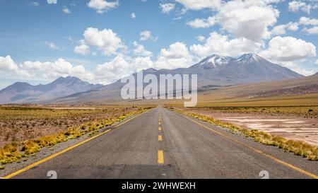 Eine asphaltierte Straße führt durch die Atacama-Wüste entlang grüner Steppen, roter Sandlandschaften, riesiger Vulkane und schneebedeckter Berge. Stockfoto