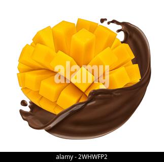 Mango fällt in Schokoladenspritzer, isoliert auf weißem Hintergrund Stockfoto