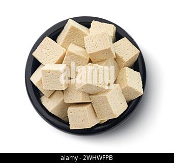 Tofu-Käsewürfel isoliert auf weißem Hintergrund, Draufsicht Stockfoto