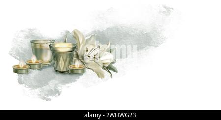 Set von Wachskerzen mit weißen Lilienblüten und Punkt auf Hintergrund. Aquarellillustration einer brennenden Glaskerze. Gut für Kompositionen Spa Stockfoto