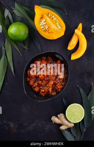 Traditionelles indisches Kürbis-Chutney mit Zitrone und Ingwer, serviert als Blick von oben in einer Design-Schüssel Stockfoto