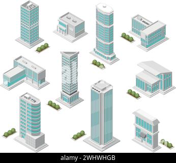 Isometrische städtische Gebäude. Isolierte Wolkenkratzer, modernes Apartmentgebäude und Privathäuser. Soziale und öffentliche Architektur, makelloser Vektor Stock Vektor