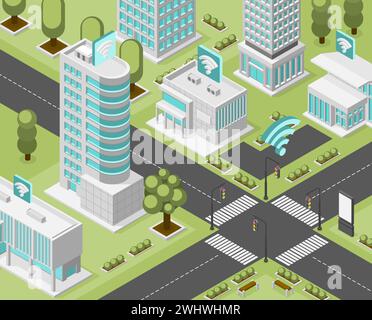 Digitale Stadt isometrisch mit kostenlosem Internet in verschiedenen Bereichen. WIFI in Gebäuden und Parks, auf der Straße. Technologiestadt, moderner urbaner makelloser Vektor Stock Vektor