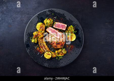 Frittiertes Gourmet-Thunfisch-Steak mit Banane Stockfoto