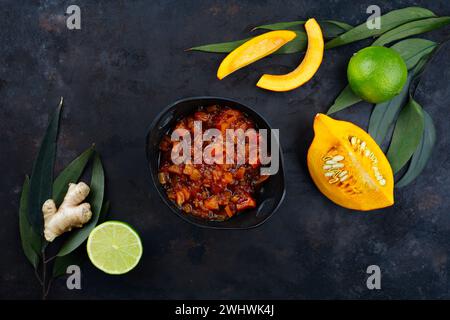 Traditionelles indisches Kürbis-Chutney mit Zitrone und Ingwer, serviert als Blick von oben in einer Design-Schüssel Stockfoto