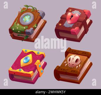 Magisches Buch. Zeichentrickbuchstaben-Tagebuch für Zauberer oder Magier Spiel Märchen Charaktere exakte Vektor Hexerei Buch Stock Vektor