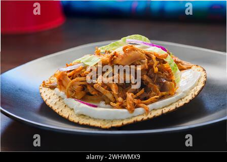 Tostada mit mexikanischem Huhn Tinga, Tinga de Pollo Stockfoto