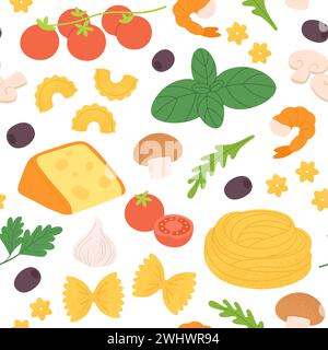Italienisches Nudelmuster. Frische Rohzutaten, Lebensmittel zur Zubereitung von Nudeln oder Pizza. Käse und Gemüse, grün und oliv. Vektor mit markantem Stoffdruck Stock Vektor