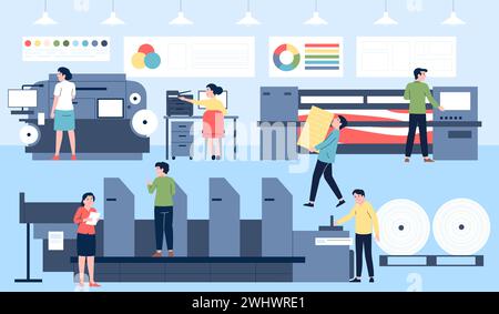 Arbeitsprozess der Druckerei. Bei der Polygrafie-Produktion arbeiten die Menschen mit Typografiegeräten, Druck und Druckvorstufe. Aktuelle Vektordruckerei Stock Vektor