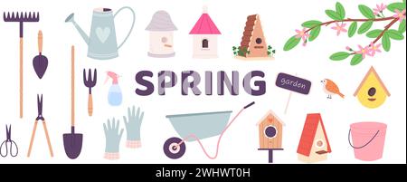 Gartenelemente. Gartengeräte und -Geräte im Frühling und Sommer. Blütenzweig mit Blumen und Vogel, hölzerne Vogelhäuser, Vektor-Clipart Stock Vektor