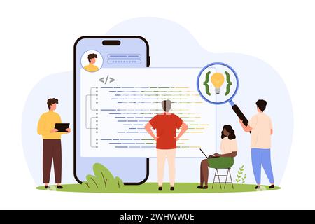 Entwicklung mobiler Apps und Software. Winzige Leute entwickeln Programmcode auf dem Telefon-Bildschirm, Online-Code-Erstellung und Skriptrecherche durch Entwickler mit Vergrößerungsglas-Cartoon-Vektor-Illustration Stock Vektor
