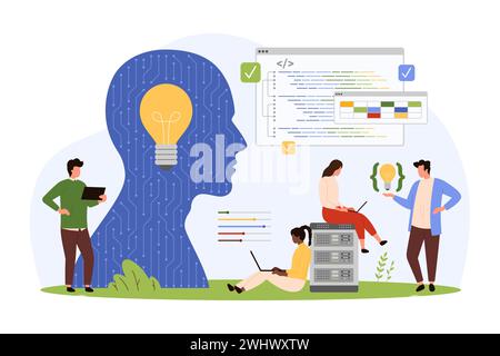 Entwicklung von Software-Code durch künstliche Intelligenz. Teamwork von winzigen Menschen und KI Gehirnmaschine, Charaktere entwickeln mobile App, automatisieren digitale Datenplattform Cartoon Vektor Illustration Stock Vektor