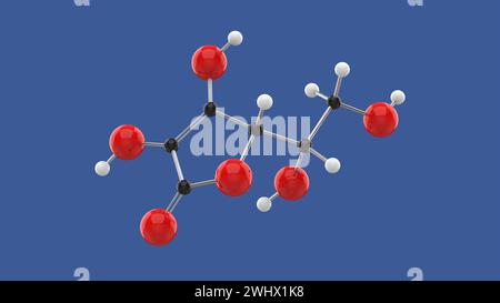 3D-Molekülstruktur der Vitamin-C-Ascorbinsäure auf blauem Hintergrund, 3D-Darstellung Stockfoto