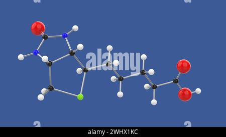 Vitamin B7 Biotin 3D-Molekülstruktur, drehbar auf blauem Hintergrund, 3D-Rendering-Illustration Stockfoto