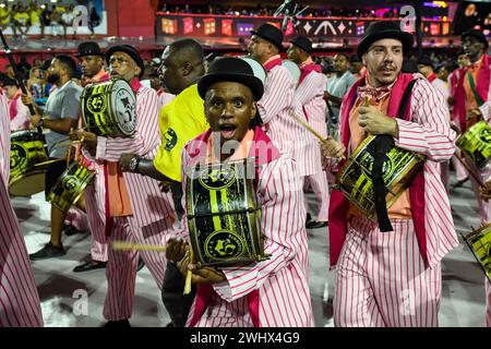 Rio, Brasilien - 10. februar 2024: Paraden der Sambaschulen Sao Clemente der Goldserie während des Karnevals in Rio de Janeiro. Stockfoto