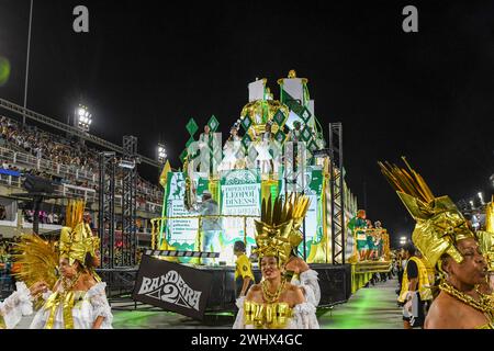 Rio, Brasilien - 10. februar 2024: Paraden der Sambaschulen Sao Clemente der Goldserie während des Karnevals in Rio de Janeiro. Stockfoto