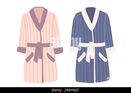 Rosa und blaue Farbe weiche bequeme Baumwolle Bademantel für Spa oder Badezimmer Vektor Illustration isoliert auf weißem Hintergrund Stock Vektor