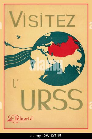 Vintage-Reiseplakat der UdSSR aus den 1930er Jahren für französische Besucher, das Besuche in Russland in der Sowjetunion „L'URSS“ in französischer Sprache durch Intourist, die staatliche Tourismusagentur Russlands, anpreist Stockfoto