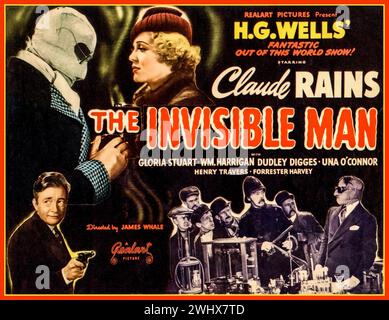 The Invisible man, Vintage-Filmplakat, US-amerikanischer Science-Fiction-Horrorfilm von James Whale aus 1897 dem Jahr 1933, basierend auf H. G. Wells Roman The Invisible man, produziert von REALART PICTURES, mit Gloria Stuart, Claude Rains und William Harrigan in den Hauptrollen. Der Film handelt von einem Dr. Jack Griffin (Rains), der mit Bandagen bedeckt ist und seine Augen von einer dunklen Brille verdeckt werden. Das Ergebnis eines geheimen Experiments, das ihn unsichtbar macht. Bilder Von Realart Stockfoto