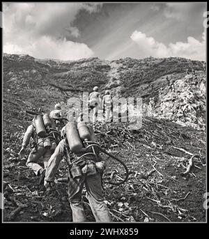 2. Weltkrieg Iwo Jima. Die amerikanischen Marines rücken im Vordergrund auf die Spitze der Suribachi Febr. 1945 Flammenwerfer vor, um die vielen japanischen Bunker und Fuchslöcher zu neutralisieren, die auf der ganzen Insel gebaut wurden. Die Schlacht von Iwo Jima war eine große Schlacht, in der das United States Marine Corps und die United States Navy während des Zweiten Weltkriegs die Insel Iwo Jima eroberten Zweiter Weltkrieg. Pazifikkrieg Stockfoto