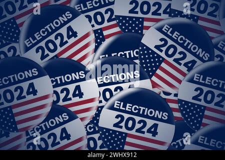 2024 Abzeichen oder Pin für die Präsidentschaftswahl. US, USA, amerikanische Wahl, Wahlzeichen. Stockfoto