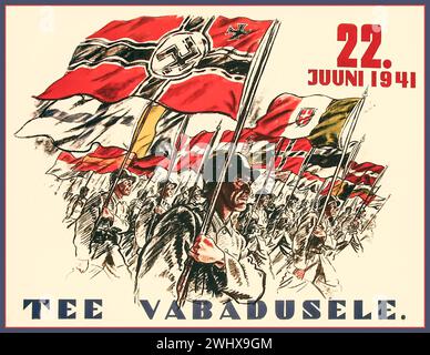 Nazi-Deutschland-Propaganda-Poster mit Flaggen von Kontinentaleuropa. "Der Kreuzzug gegen den Bolschewismus" vom 22. Juni 1941 Titel: WEG ZUR FREIHEIT (Estland) an diesem Tag startete Adolf Hitler die OPERATION BARBAROSSA, die Invasion der Sowjetunion am 22. Juni 1941 Stockfoto