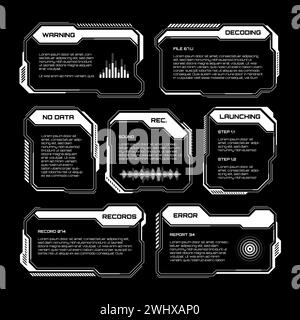 Weißes futuristisches HUD, UI-Elemente. Textfelder der SCI-fi-Benutzeroberfläche, Beschreibungen. Vorlage für Warnmeldungen und Informationsfelder. Modernes Spiel Stock Vektor