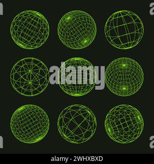 Drahtmodellformen, gefütterte Kugel. Perspektivisches Netz, 3D-Raster. Geometrische Elemente mit niedrigem Poly. Futuristische Retro-Designelemente, y2k, Vaporwave und Synthwave Stock Vektor