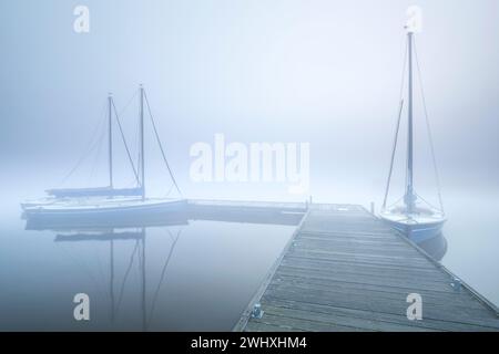 Yachten am Pier bei tiefem Nebel Stockfoto