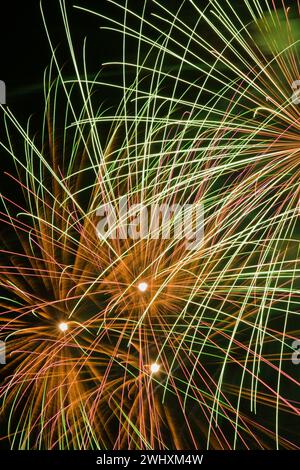 Grünes, goldenes und violettes Feuerwerk am Nachthimmel. Stockfoto