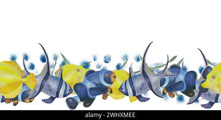 Nahtlose Grenzen, Aquarellillustration mit tropischen Fischen, Korallen. Für Stoffe, Textilien, Tapeten, Drucke Stockfoto