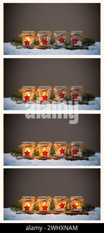 Vier Advent Kerzen im Schnee, collage Advent Stockfoto