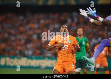 AFACON FINAL, ABIDJAN, ELFENBEINKÜSTE, FREITAG, 11. FEBRUAR, 2024. Duell zwischen Sebastien Haller und dem nigerianischen Torhüter Stanley Bobo Nwabali. Stockfoto