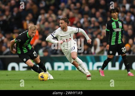 London, Großbritannien. Februar 2024. James Maddison von Tottenham Hotspur wird am 10. Februar 2024 von Jan Paul van Hecke aus Brighton & Hove Albion beim Premier League-Spiel zwischen Tottenham Hotspur und Brighton und Hove Albion im Tottenham Hotspur Stadium in London, England, gefordert. Foto von Ken Sparks. Nur redaktionelle Verwendung, Lizenz für kommerzielle Nutzung erforderlich. Keine Verwendung bei Wetten, Spielen oder Publikationen eines einzelnen Clubs/einer Liga/eines Spielers. Quelle: UK Sports Pics Ltd/Alamy Live News Stockfoto