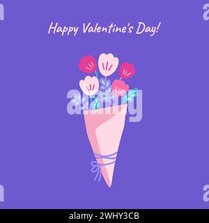 Grußkarte mit Blumenstrauß und Zeichentrickfilm. Postkarte zum Muttertag oder Valentinstag, Einladung zum Hochzeitstag oder Geburtstag, Glückwunschposter zum Frauentag. Vektor minimales Blumendesign Illustration Stock Vektor