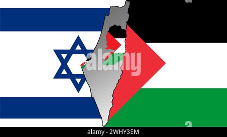 Karte und Flags. Konflikt zwischen Israel und Palästina. Kartierung des Konflikts in Israel, Palästina und Gaza. Stockfoto