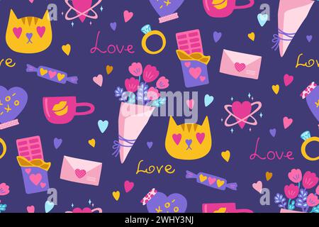 Nahtloses Muster mit romantischen Elementen zum Valentinstag. Niedliche abstrakte Zeichnungen trendiger grenzenloser Druckhintergrund. Handgezeichnetes Love-Design mit einfacher, sich wiederholender Textur für Textil und Wickelhintergrund Stock Vektor