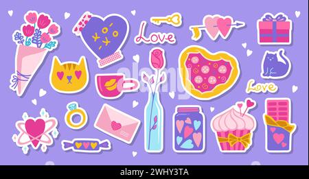 Valentinstag-Aufkleber mit Geschenk und anderen romantischen Elementen. Cartoon-Hochzeit und valentinstag-Liebe-Konzept. Inklusive Blumenstrauß, Rosen-Cupcake, Pizza, Süßigkeiten Post. Niedliche Liebe Vektor Illustration Stock Vektor