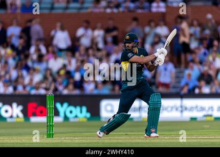 Adelaide, Australien, 11. Februar 2024. Tim David aus Australien fährt während des zweiten Spiels der T20 International Series zwischen Australien und West Indies am 11. Februar 2024 im Adelaide Oval in Adelaide, Australien. Quelle: Santanu Banik/Speed Media/Alamy Live News Stockfoto