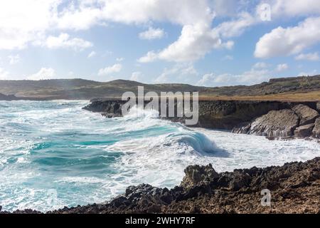 Felsige Küste bei Natural Bridge Aruba, Santa Cruz, Aruba, ABC Inseln, Leeward Antilles, Karibik Stockfoto