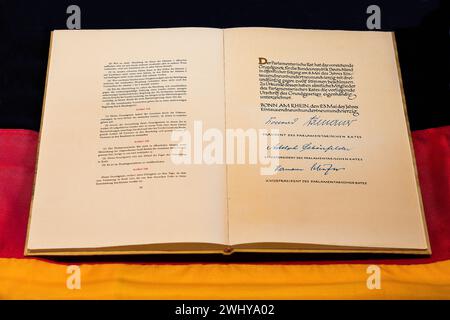 Grundgesetz der Bundesrepublik Deutschland, notarielle Beurkundung auf Schwarzrotgoldflagge, Deutschland Stockfoto