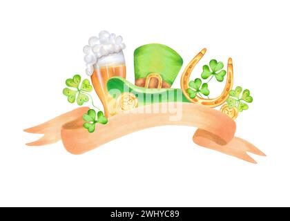 Braunes Band für Text mit Elementen von St. Patrick's Day. Goldenes Hufeisen und Münze, ein Becher Bier mit grünem Zylinder und Klee. Aquarellfarbe Stockfoto