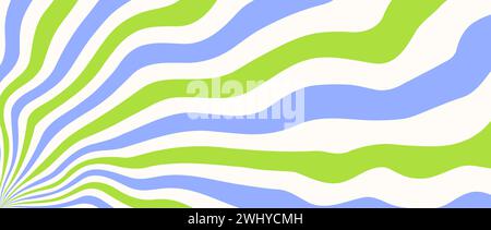 Grüner blauer trippiger Burst-Line-Hintergrund. Psychedelische wellige Streifentapete. Grooviger, verdrehter Sonnenaufgang. Verzerrtes, geschwungenes Design für Poster, Banner, Flyer, Cover und Druck. Vektorhintergrund Stock Vektor