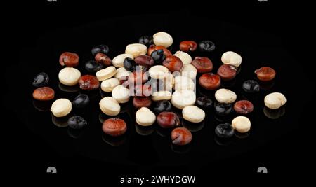 Haufen roher Quinoasamen auf schwarzem Hintergrund Stockfoto