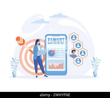 Zielgruppe. Winzige Frau hat Werbung in sozialen Netzwerken in der Smartphone-App eingerichtet. Moderne Illustration des flachen Vektors Stock Vektor