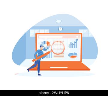 Marketingforschung. Zusammensetzung der Geschäftsstrategie mit Beschreibung der Marketingforschung und Isometrie. Moderne Illustration des flachen Vektors Stock Vektor